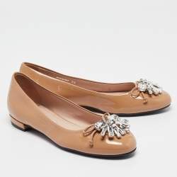 Miu Miu Beige Patent Leather Crystal Embellished Ballet Flats Size 36