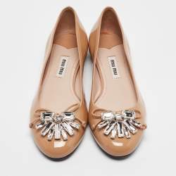 Miu Miu Beige Patent Leather Crystal Embellished Ballet Flats Size 36