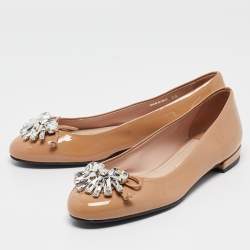 Miu Miu Beige Patent Leather Crystal Embellished Ballet Flats Size 36
