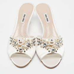 Miu Miu Cream Satin Embellished Slide Sandals Size 40