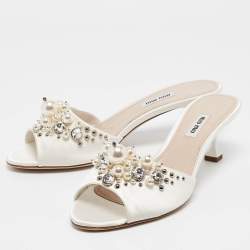Miu Miu Cream Satin Embellished Slide Sandals Size 40