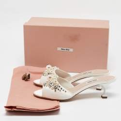 Miu Miu Cream Satin Embellished Slide Sandals Size 40