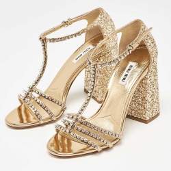 Pre Owned Miu Miu Gold Glitter and Leather Crystal Embellished Ankle Strap Sandals Size 37