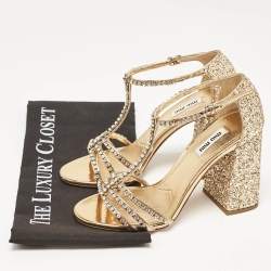 Pre Owned Miu Miu Gold Glitter and Leather Crystal Embellished Ankle Strap Sandals Size 37
