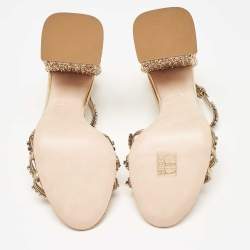 Pre Owned Miu Miu Gold Glitter and Leather Crystal Embellished Ankle Strap Sandals Size 37