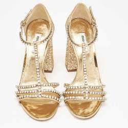 Pre Owned Miu Miu Gold Glitter and Leather Crystal Embellished Ankle Strap Sandals Size 37