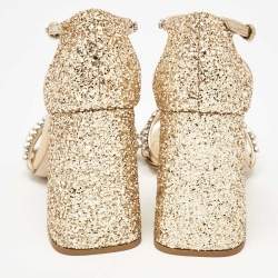 Pre Owned Miu Miu Gold Glitter and Leather Crystal Embellished Ankle Strap Sandals Size 37