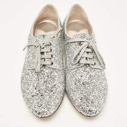 Miu Miu Silver Glitter Crystal Embellished Heels Lace Up Derby Size 36
