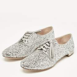 Miu Miu Silver Glitter Crystal Embellished Heels Lace Up Derby Size 36