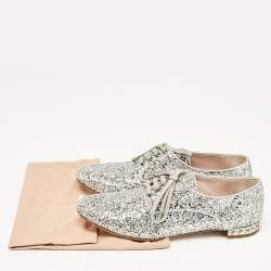 Miu Miu Silver Glitter Crystal Embellished Heels Lace Up Derby Size 36