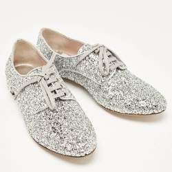 Miu Miu Silver Glitter Crystal Embellished Heels Lace Up Derby Size 36