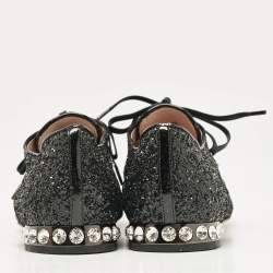 Miu Miu Black Glitter Crystal Embellished Heels Lace Up Derby Size 36