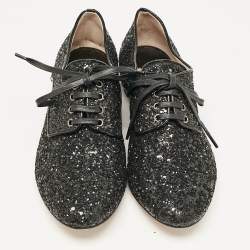 Miu Miu Black Glitter Crystal Embellished Heels Lace Up Derby Size 36