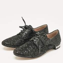 Miu Miu Black Glitter Crystal Embellished Heels Lace Up Derby Size 36
