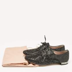 Miu Miu Black Glitter Crystal Embellished Heels Lace Up Derby Size 36