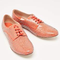 Miu Miu Orange Patent Leather Crystal Embellished Heels Lace Up Derby Size 36