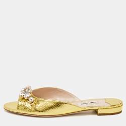 Miu Miu Gold Snakeskin Embossed Leather Bow Flat Sandals Size 36