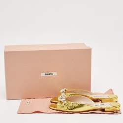 Miu Miu Gold Snakeskin Embossed Leather Bow Flat Sandals Size 36