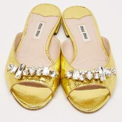Miu Miu Gold Snakeskin Embossed Leather Bow Flat Sandals Size 36