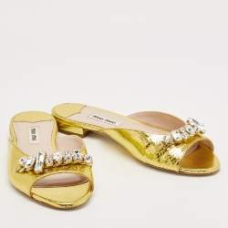 Miu Miu Gold Snakeskin Embossed Leather Bow Flat Sandals Size 36