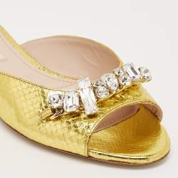 Miu Miu Gold Snakeskin Embossed Leather Bow Flat Sandals Size 36