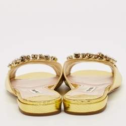 Miu Miu Gold Snakeskin Embossed Leather Bow Flat Sandals Size 36