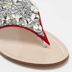 Miu Miu Silver/Red Glitter and Suede Crystals Embellished Flats Size 36