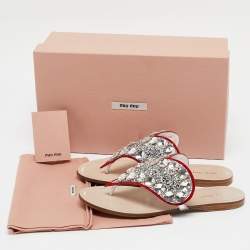 Miu Miu Silver/Red Glitter and Suede Crystals Embellished Flats Size 36