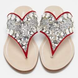 Miu Miu Silver/Red Glitter and Suede Crystals Embellished Flats Size 36