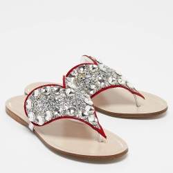 Miu Miu Silver/Red Glitter and Suede Crystals Embellished Flats Size 36