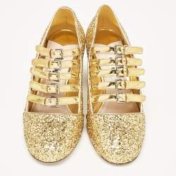 Pre Owned Miu Miu Gold Glitter and Leather Mary Jane Pumps Size 34