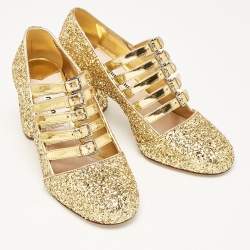 Pre Owned Miu Miu Gold Glitter and Leather Mary Jane Pumps Size 34