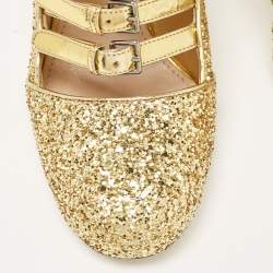 Pre Owned Miu Miu Gold Glitter and Leather Mary Jane Pumps Size 34