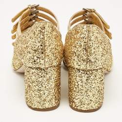 Pre Owned Miu Miu Gold Glitter and Leather Mary Jane Pumps Size 34