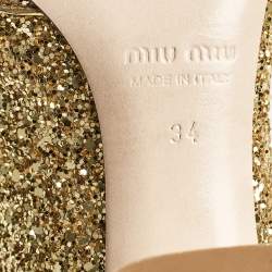 Pre Owned Miu Miu Gold Glitter and Leather Mary Jane Pumps Size 34