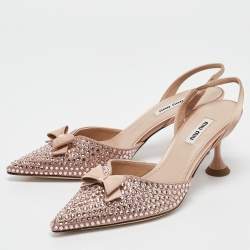 Pre Owned Miu Miu Beige Satin Crystal Embellished Bow Slingback Pumps Size 36