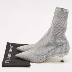 Miu Miu Silver Metallic Knit Fabric Crystal Embellished Sock Boots Size 41