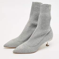 Miu Miu Silver Metallic Knit Fabric Crystal Embellished Sock Boots Size 41