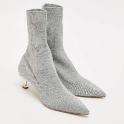 Miu Miu Silver Metallic Knit Fabric Crystal Embellished Sock Boots Size 41
