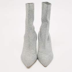 Miu Miu Silver Metallic Knit Fabric Crystal Embellished Sock Boots Size 41