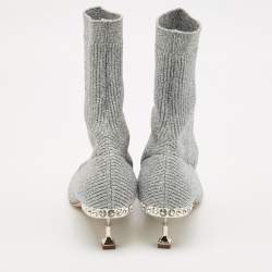 Miu Miu Silver Metallic Knit Fabric Crystal Embellished Sock Boots Size 41