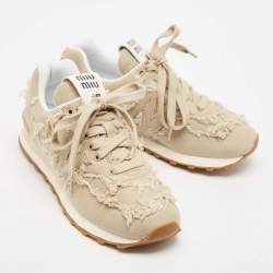 Miu Miu x New Balance Beige Canvas 574 Athletic Low Top Sneakers Size 37