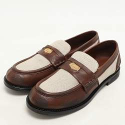 Miu Miu Beige/Brown Canvas and Leather Penny Loafers Size 37