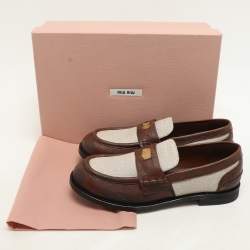 Miu Miu Beige/Brown Canvas and Leather Penny Loafers Size 37