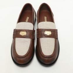 Miu Miu Beige/Brown Canvas and Leather Penny Loafers Size 37