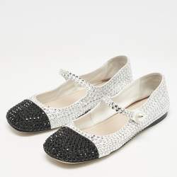 Miu Miu Black/White Canvas Crystals Embellished Mary Jane Ballet Flats Size 39