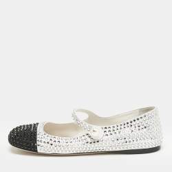 Miu Miu Black/White Canvas Crystals Embellished Mary Jane Ballet Flats Size 39