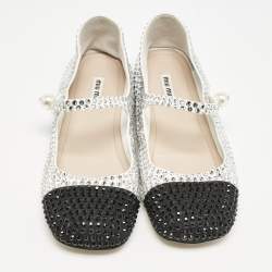 Miu Miu Black/White Canvas Crystals Embellished Mary Jane Ballet Flats Size 39