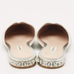 Miu Miu Metallic Silver Leather Crystal Embellished Mules Size 39