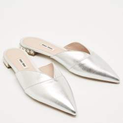 Miu Miu Metallic Silver Leather Crystal Embellished Mules Size 39